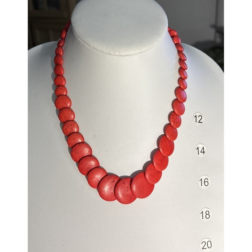 Red Graduated Disc Bead Statement Necklace Silver Tone Lobster Clasp